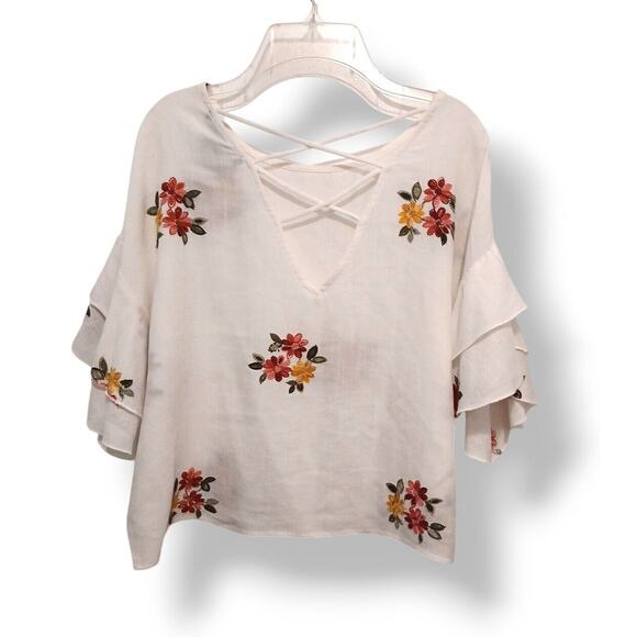 VNTG Forever 21 FLORAL EMBROIDERED Top Size M White Bohemian Festival Cropped 9 - Picture 8 of 15